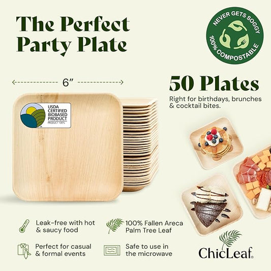 Chic Leaf Palm Leaf Compostable Plates - 6" Square, Pack of 50 - Disposable Dinnerware for Valentine's day, Rustic Bamboo Appetizer Plates, Romantic - Charcuterie Boards & Biodegradable Serviceware