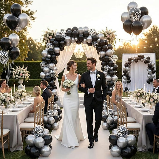 Black and Silver Balloons Arch Kit,130pcs Metallic Black Balloons Garland,Different Sizes Metallic Silver Latex Balloons for Birthday Engagement Baby Shower Wedding Graduation Party Decorations