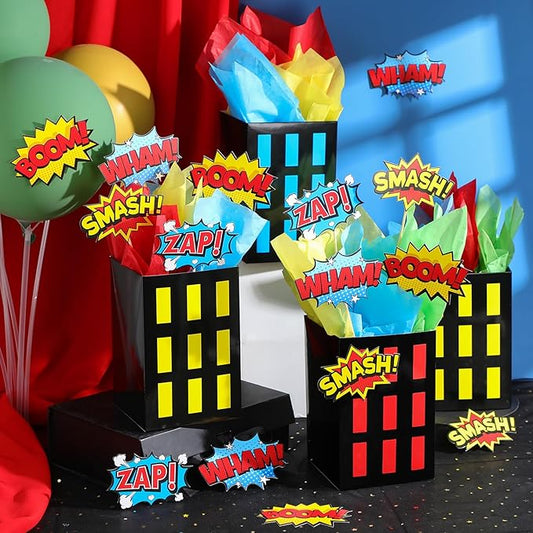 8 Sets Hero Theme Party Decoration Hero Boxes Centerpiece (7.9 x 5.1 x 5.1 Inch) Sticks with Tissue Paper Standing Cards Birthday Baby Shower Party Supplies (Red,Yellow,Blue)