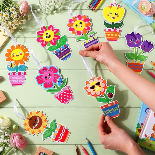 Frienda 48 Set Spring Flower Craft Kit for Kids Make Your Own Flowers Pot Craft DIY Floral Paper Flowers Hanging Ornament Decorations for Mother's Day Spring Gifts Classroom Birthday Party Favors