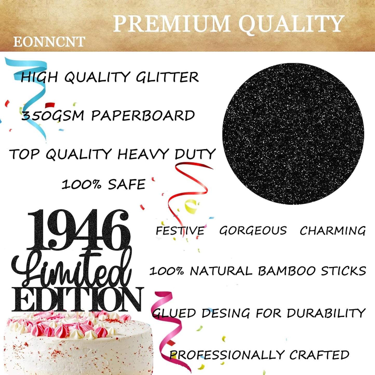 Limited EDITION 1946 Cake Topper - Black Glitter Happy 79th Birthday Party Cake Decoration Supplies, Cheer to 79 Years Cake Bunting Decor for 79th Birthday Party Photo Booth Props