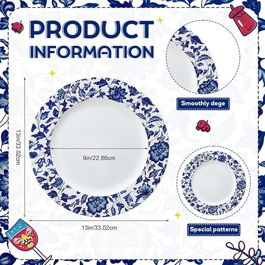 Yungyan 6 Pcs Passover Blue and White Porcelain Charger Plates 13 Inch Round Passover Blue White Porcelain Plastic Plates Large Charger Plate for Holiday Party Decorations Dinner Tableware Supplies