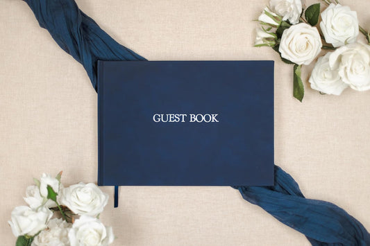 Embossed Guestbook - 11.5 x 8.5 Large Luxury Modern Cream Canvas Linen Embossed Hard Cover Guest Book for Wedding, Birthday & Events, Blank Pages (Navy)
