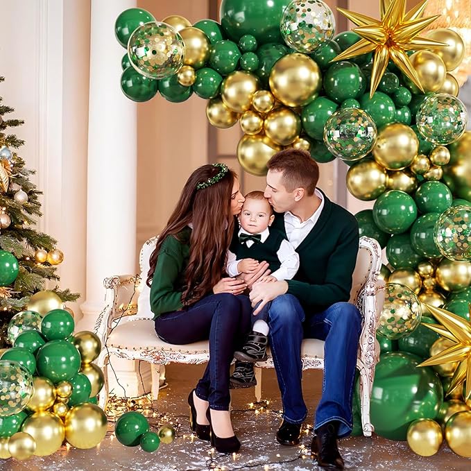 Green and Gold Balloon Garland Arch Kit, 140Pcs Emerald Green Gold Confetti Balloons With Stars for Birthday Wedding Birdal Shower Christmas Graduation Party Decorations