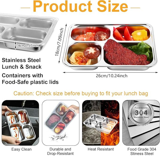 Honeydak 6 Pack Stainless Steel Snack Containers with Lids Compartments Stainless Steel Lunch Box Reusable Meal Prep Lunch Containers for Home Travel Work Camp Party(Middle 4 Compartment)