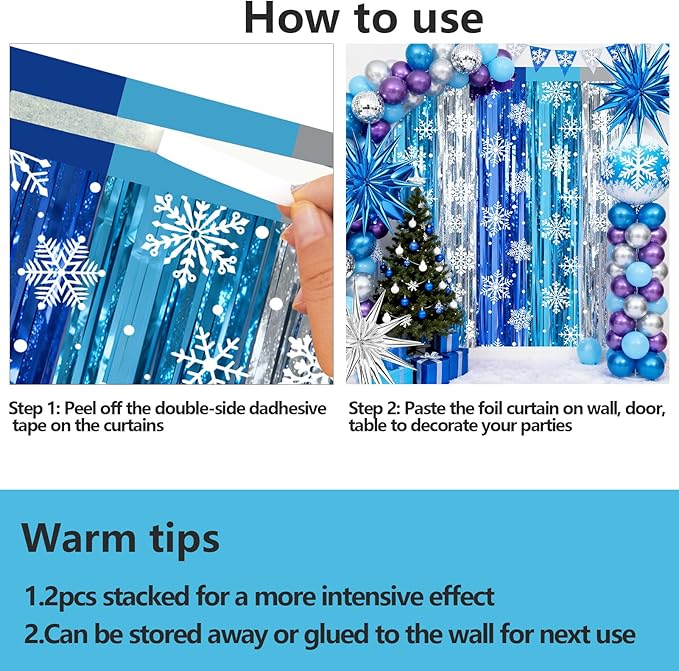 2 Packs Snowflake Foil Fringe Curtain, Blue Silver Ice Glitter Metallic Tinsel Backdrop for Princess Birthday Baby Shower Santa Claus Christmas Winter Wonderland Party Decoration Supplies