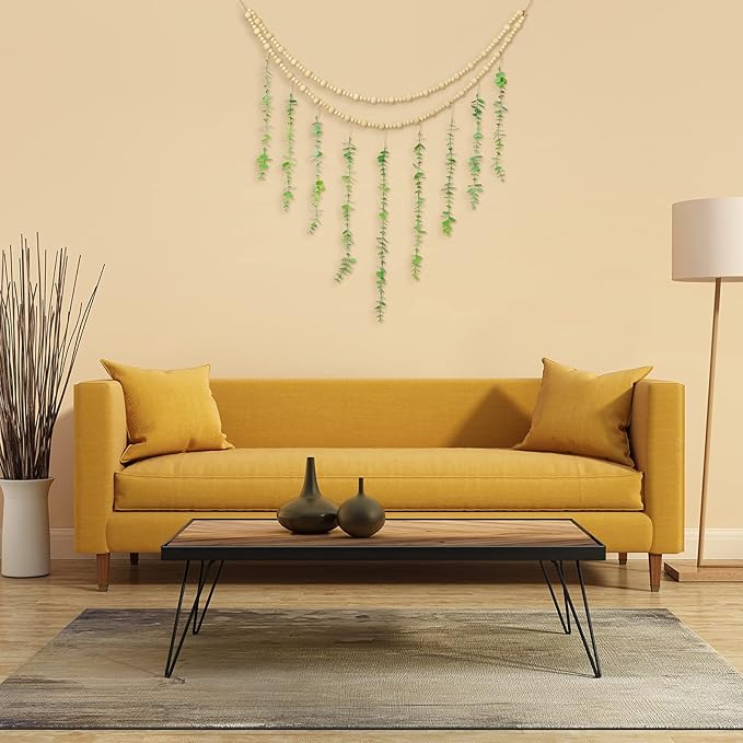 Hanging Eucalyptus Boho Wall Decor Large Boho Bedroom Wall Hanging Wooden Bead Garland Artificial Eucalyptus Natural Greenery Decoration, 36 x 36 Inch