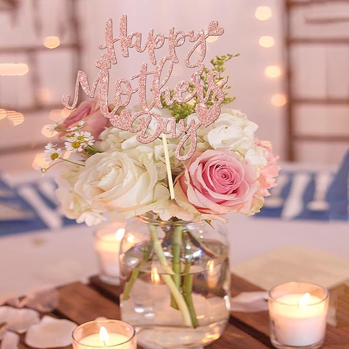 12 PCS Happy Mother's Day Centerpiece Sticks Double Sided Glitter Love Mother Best Mom Centerpieces for Happy Mother's Day Theme Table Flower Decorations Birthday Party Supplies Rose Gold