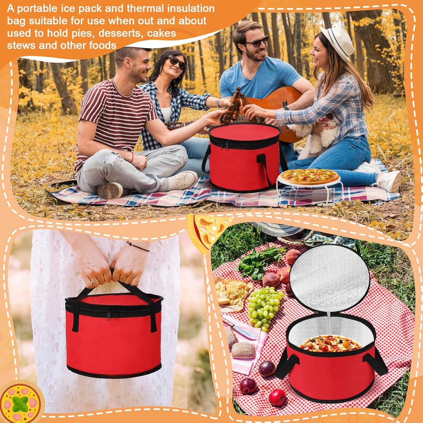 Yaomiao 2 Sets Round Pie Carrier 11 x 7 Inch with Dish Tray Plate Stacker Insulated Casserole Carrier with Lid and Handle Reusable Cooler Thermal Bags for Cold Food for Potluck Picnic (Red)