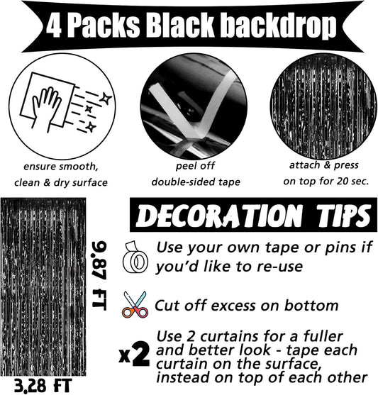 4 Pack Black Fringe Curtain Backdrop, 3.2Ft x 9.8Ft Metallic Tinsel Foil Fringe Streamers Background for Photo Booth Birthday Wedding Baby Shower Carnival Easter Mother’s Day Party Decorations