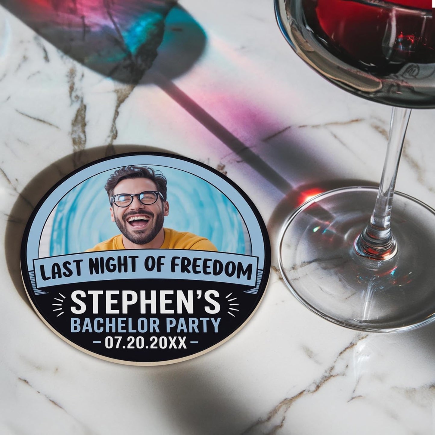 60 Pack Personalized Bachelor Party Coasters, Custom Cardboard Drink Coasters with Photo Print and Text, Fun Bachelor Party Favors and Gifts, 3.95" Round, Design 3