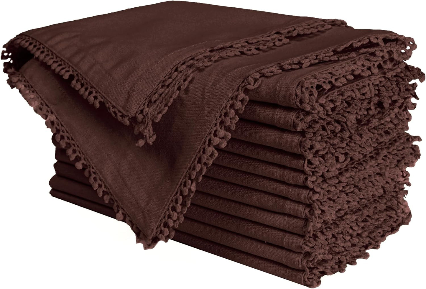 Bedding Craft Cotton Cloth Dinner Napkins Set of 12 – 18x18 Hot Chocolate with Decorative Lace Selvedge – Machine Washable Reusable Fabric Napkins for Weddings, Parties, Baby Showers & Table Décor