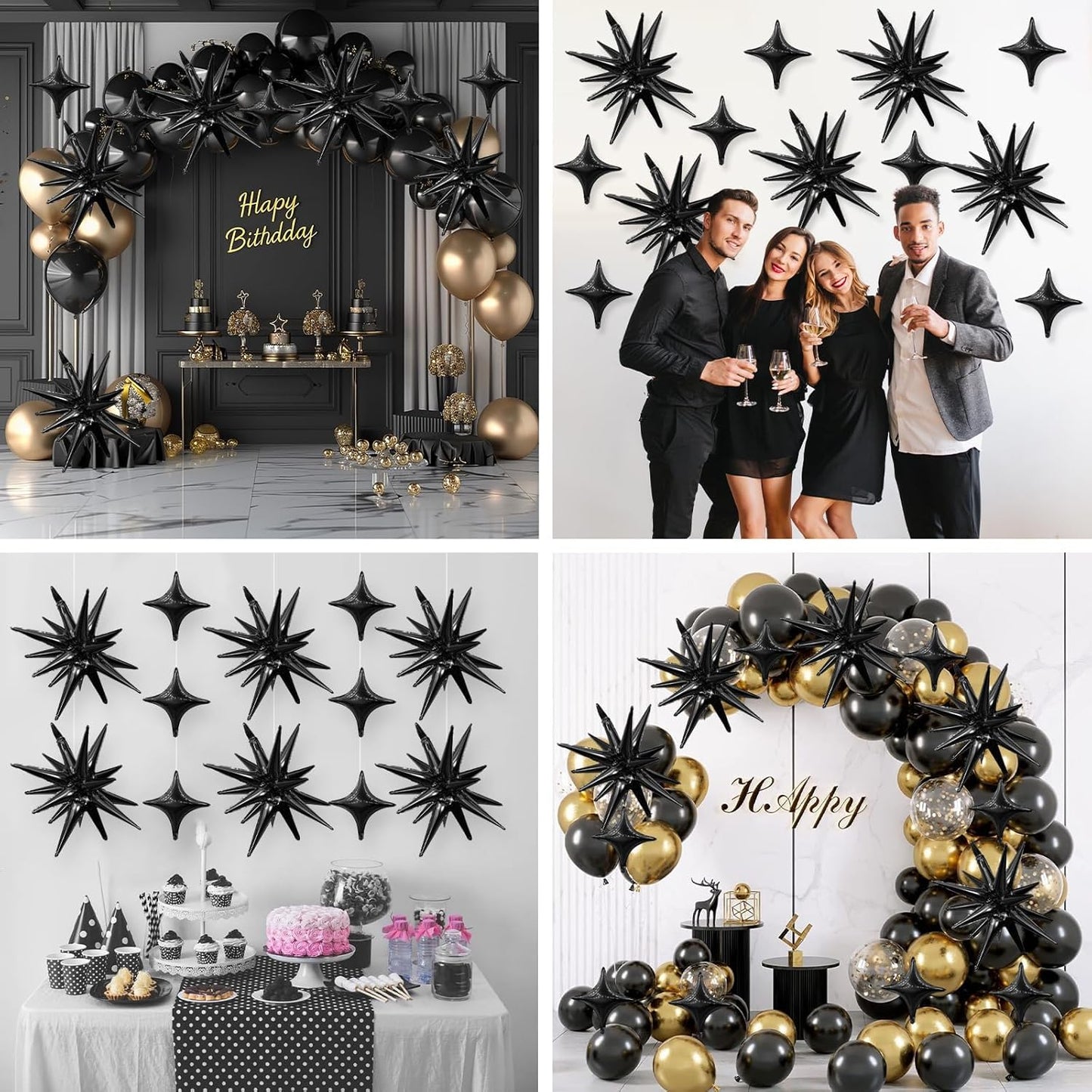 Black Star Balloon,6Pcs 22Inch Explosion Star Balloons and 10Pcs 10Inch Four Angle Balloons Kit for Birthday Halloween Anniversary Baby Shower Wedding Party Decorations