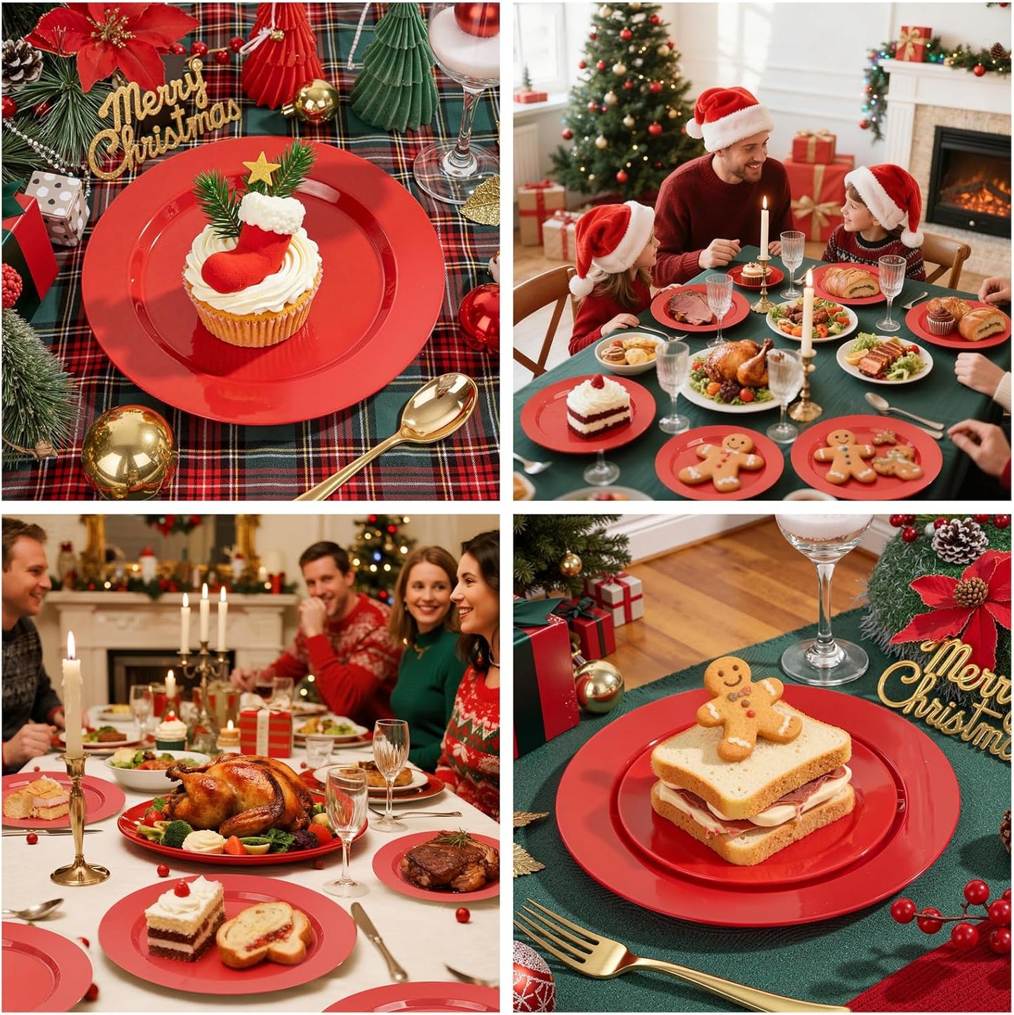 FLOWERCAT 200PCS Red Plastic Plates Disposable Plates for Party - Heavy Duty Plastic Plates - 10" &7" Plate for 100 Guests New Year Parties and Events &Christmas