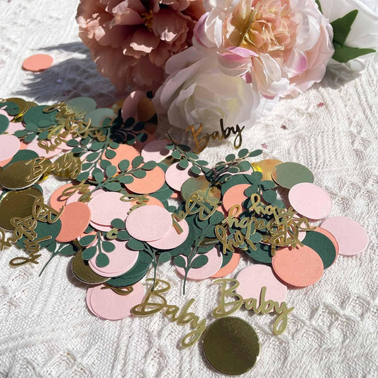 200 Pcs Greenery Baby Shower Confetti Scatter Decorations, Green Gold White Table Confetti Dots with Eucalyptus and Gold Glitte Baby Confetti Scatter for Baby Shower Gender Reveal Décor, 2.1