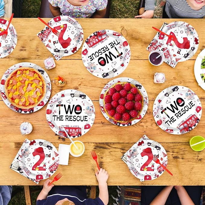 Grencian 96Pcs Two the Rescue Birthday Decorations Emergency Vehicle Theme Plates and Napkins Fire Truck Tableware Ambulance Dinnerware for Kid Emergency Vehicle 2 Years Old Birthday Party Decorations