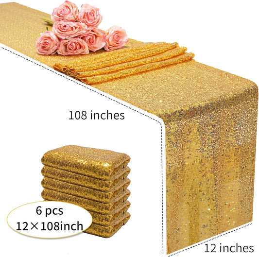 12x108 inch Gold Sequin Table Runner Sparkly Glitter Table Linens 6 Packs for Party Decorations Wedding Birthday Baby Shower Engagement Anniversary