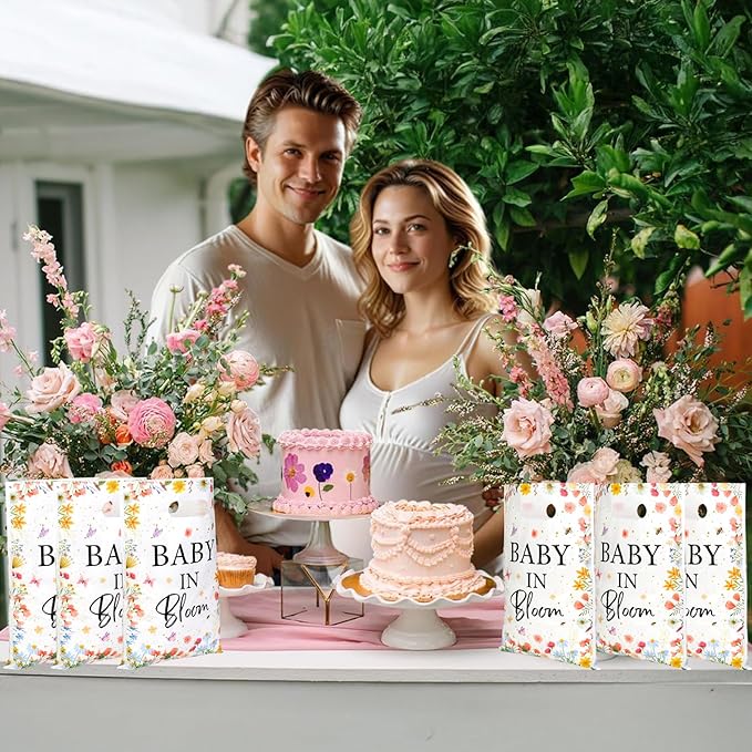 Serencatcher 50Pcs Baby In Bloom Party Favor Bags Widflower Baby Shower Goodie Bags Plastic Floral Gift Bags Candy Bags with Handles for Wildflower Baby In Bloom Baby Shower Decorations Party Supplies