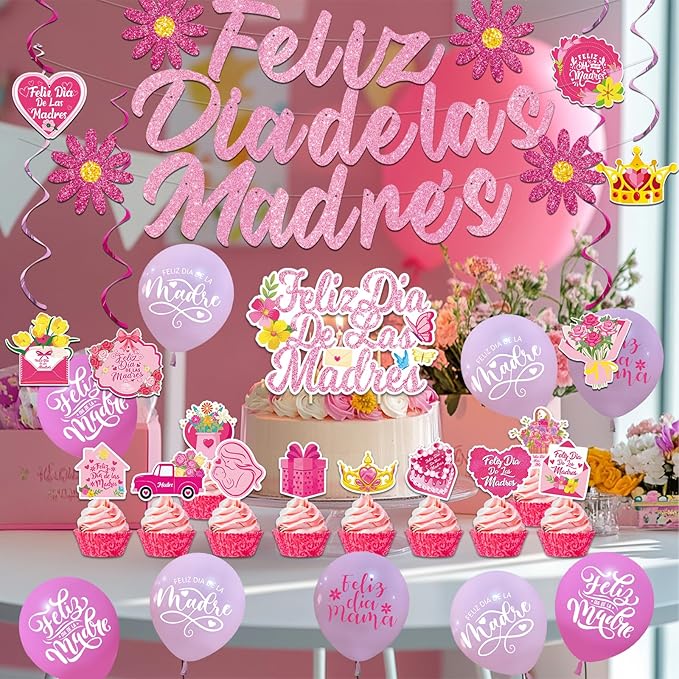 Feliz Día de las Madres Decorations Kit - Feliz Día de las Madres Banner,6 Hanging Swirl Banners, 15 Printed Latex Balloons and Cake Topper for Mexican Mother's Day Party