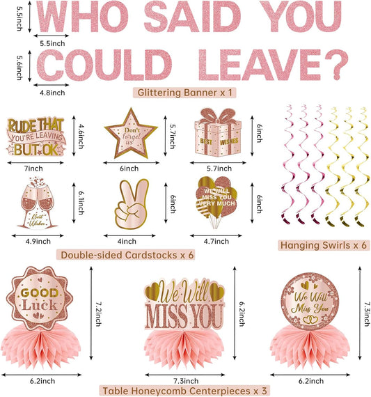 Going Away Party Decorations, Who Said You Could Leave Banner Good Luck We Will Miss You Farewell Decorations Retirement Goodbye Decor Table Centerpieces Hanging Swirls Party Supplies, Pink Rose Gold