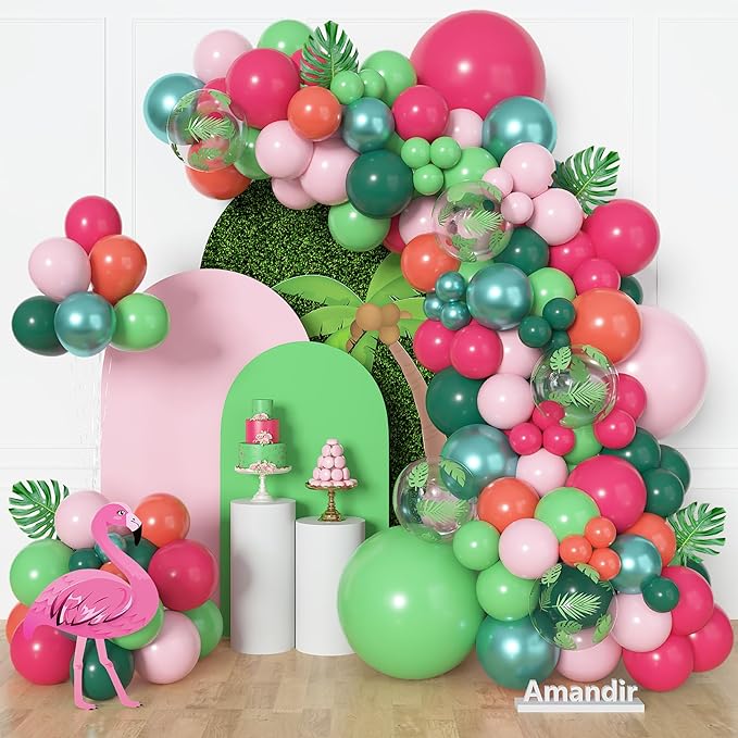 Amandir 153pcs Tropical Balloon Arch Kit, Different Sizes 18 12 10 5 inch Hot Pink Green Orange Palm Leaves Hawaiian Luau Balloons for Summer Aloha Flamingo Birthday Shower Beach Party Decorations