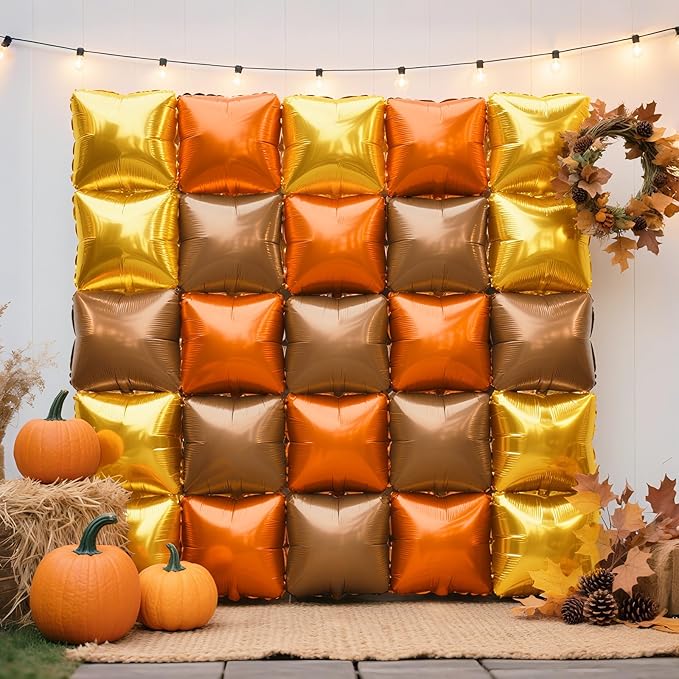 NISOCY 36PCS Orange Gold Brown Square Foil Balloons Wall Backdrop Metallic Autumn Fall Balloons Arch Kit for Thanksgiving Friendsgiving Birthday Halloween Baby Shower Fall Color Party Decorations