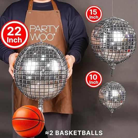 PartyWoo Silver Disco Ball Foil Balloons 20pcs Different Sizes Pack of 22 15 10 Inch Large Round Foil 4D Inflatable Mirror Ball Mylar Balloons for Graduation Men Birthday Space Party Decorations