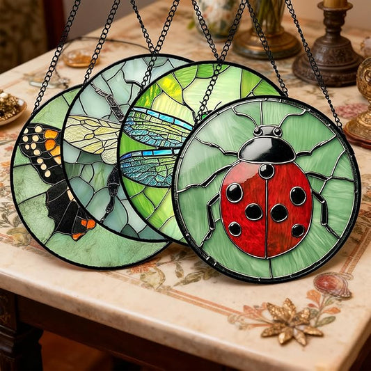 Stained Glass Window Hanging 4 Pcs Set Butterfly Dragonfly Bee Ladybug 7.8" - Suncatcher Door Garden Sun Catcher Decor Birthday Mother's Day for Mom Woman Nana Men