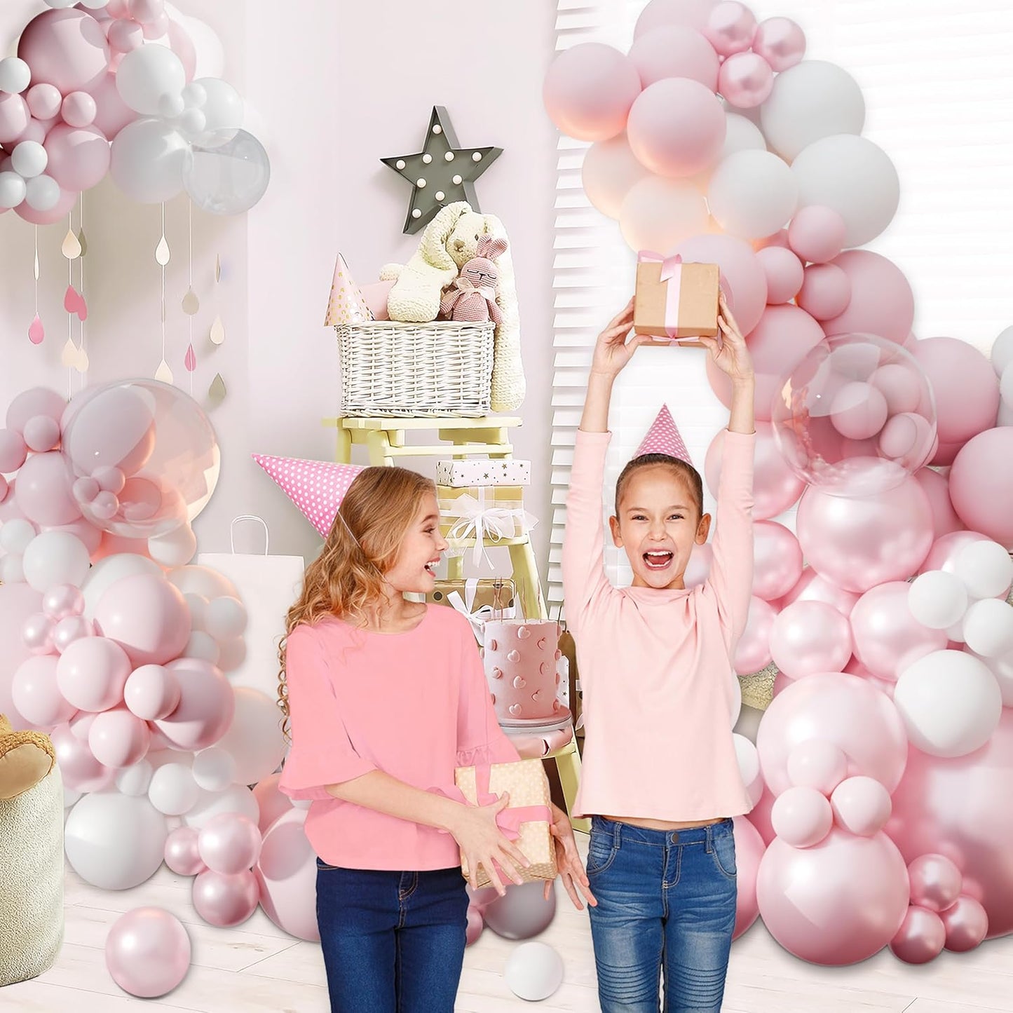 Pink Balloon Arch Kit, 108Pcs Double Stuffed Balloon Arch Garland Kit Include Pearl Pink Macaron Pink White Balloons Clear Balloons for Birthday Wedding Baby Shower Bridal Party Decorations