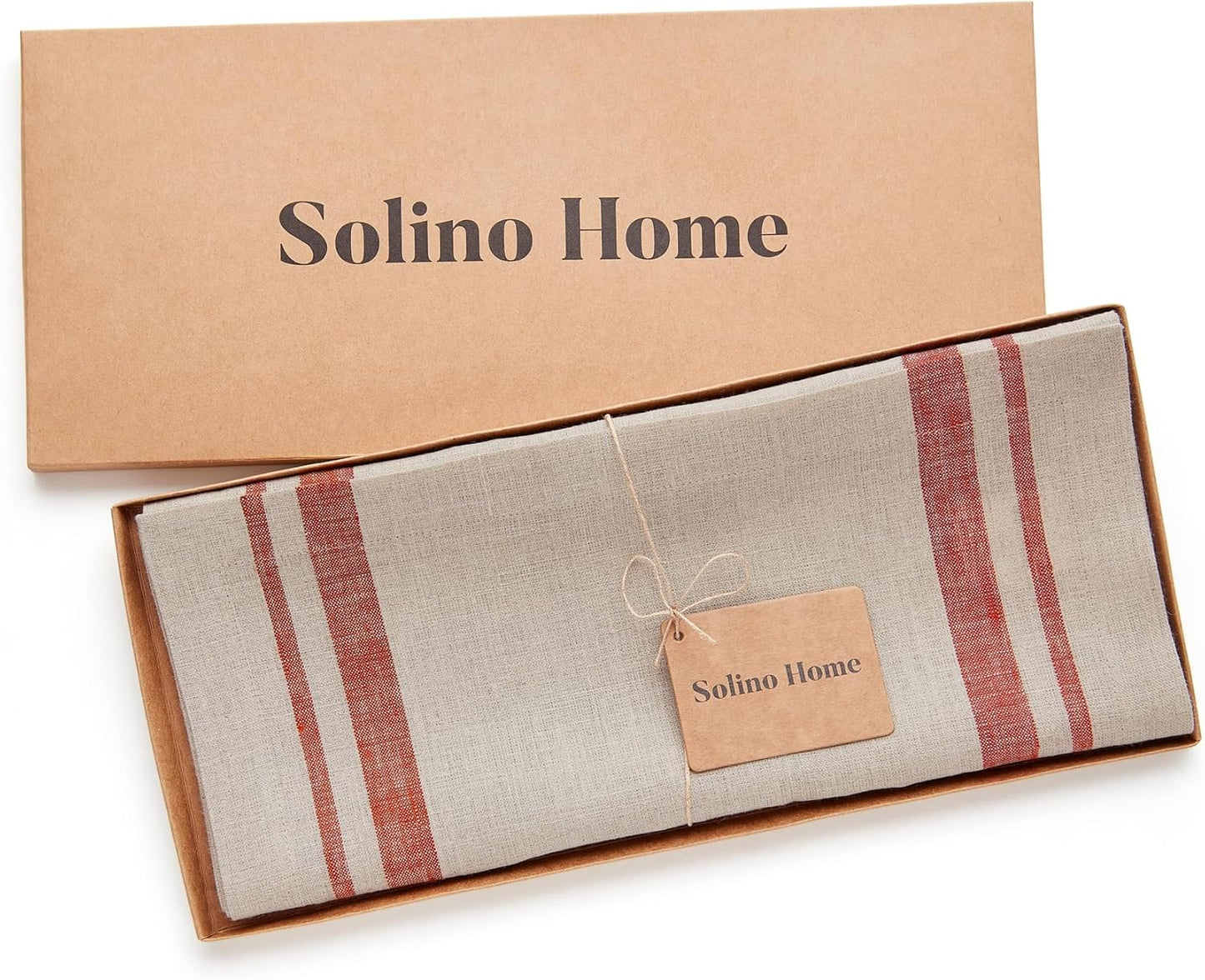 Solino Home Linen Table Runner 72 Inches Long - 100% Pure Linen Red and Natural French Stripe Table Runner 16 x 72 Inch for Dining, Dresser, Fall, Autumn, Halloween, Christmas