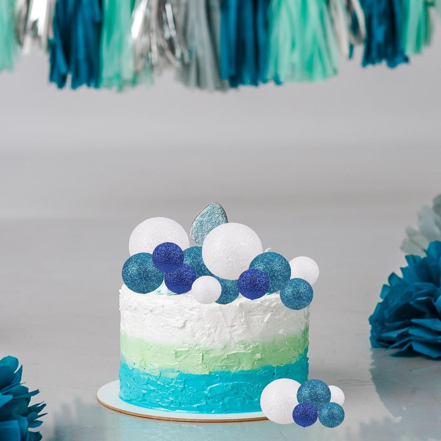 30Pcs Glitter Balls Cake Topper Foam Ball Cake Picks Mini Balloon DIY Cake Insert Topper Decoration for Baby Shower Wedding Anniversary Birthday Graduation Party Cake Decorations White Blue Deep Blue