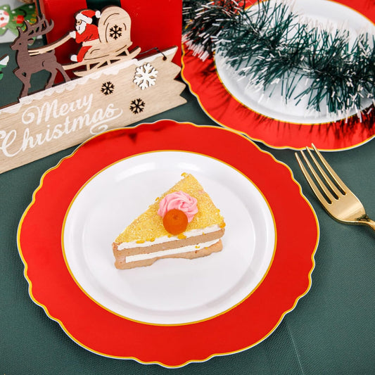 WDF 60pcs Red Christmas Plastic Plates with Gold Rim - 10.25inch Red Dinner Plates Disposable Plates Table Decor for Christmas