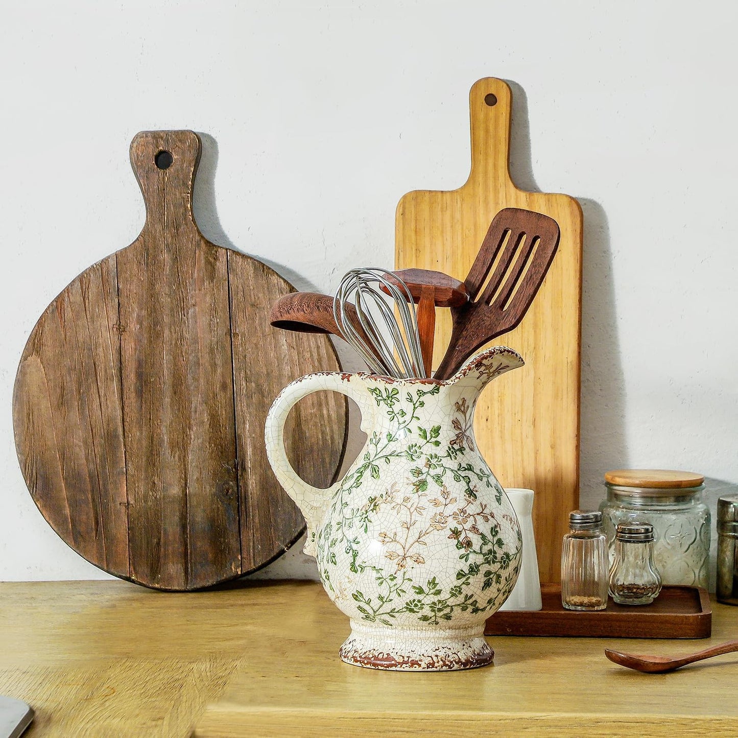 Enra Large Vintage Green Ceramic Vase and Pitcher for Home Decor, 9.7 Inch Rustic Chinoiserie Decorative Vases, Green and Beige Ceramic Vases for Living Room, Kitchen, Office – Large Vases for Decor