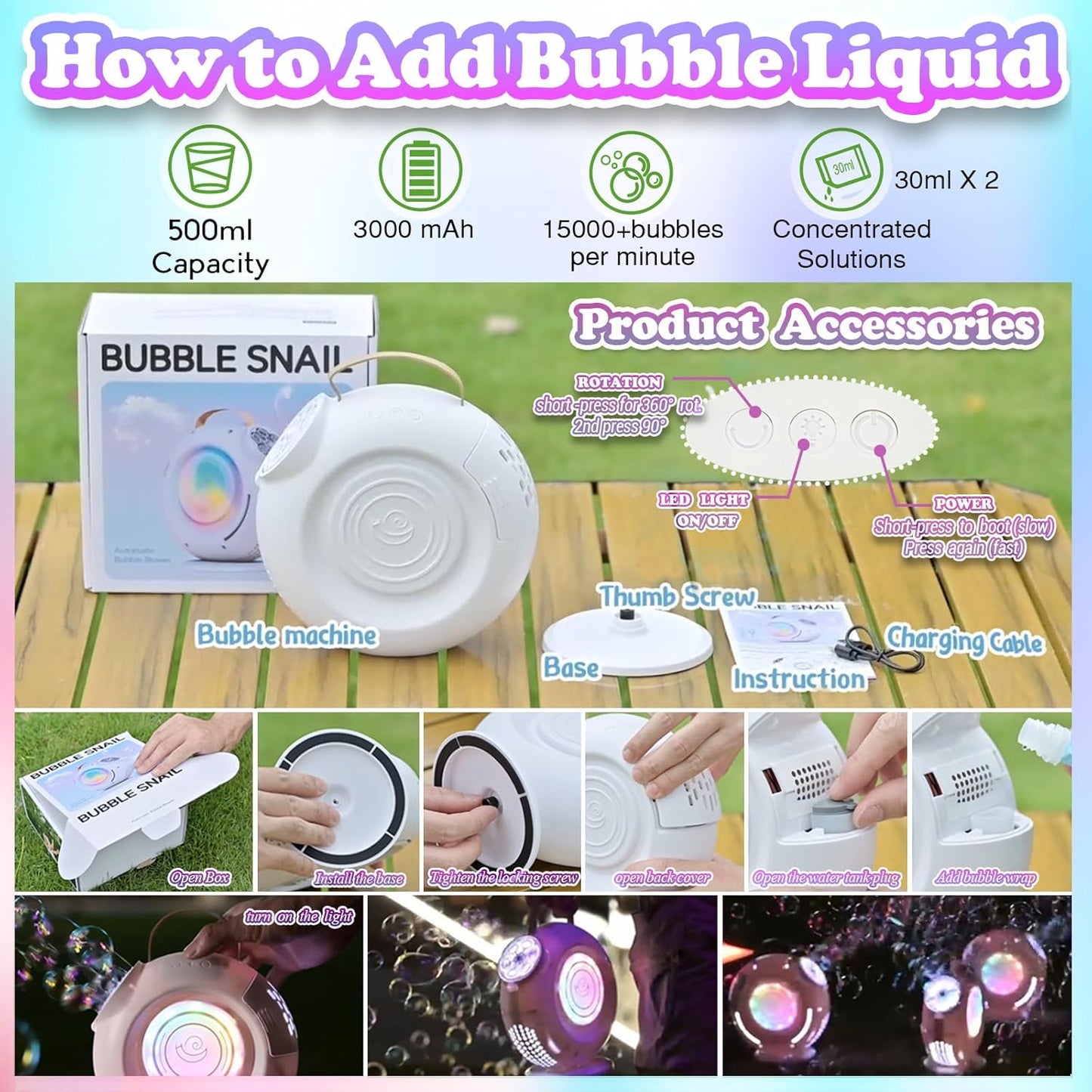 Bubble Machine, Automatic Bubble Maker Rechargeable, 15000+ Big Bubbles per Min, Colorful LED Lights, 90° 360° Rotatable Portable Electric Bubbles Toy for Kids Toddlers, Outdoor Wedding Party Gifts