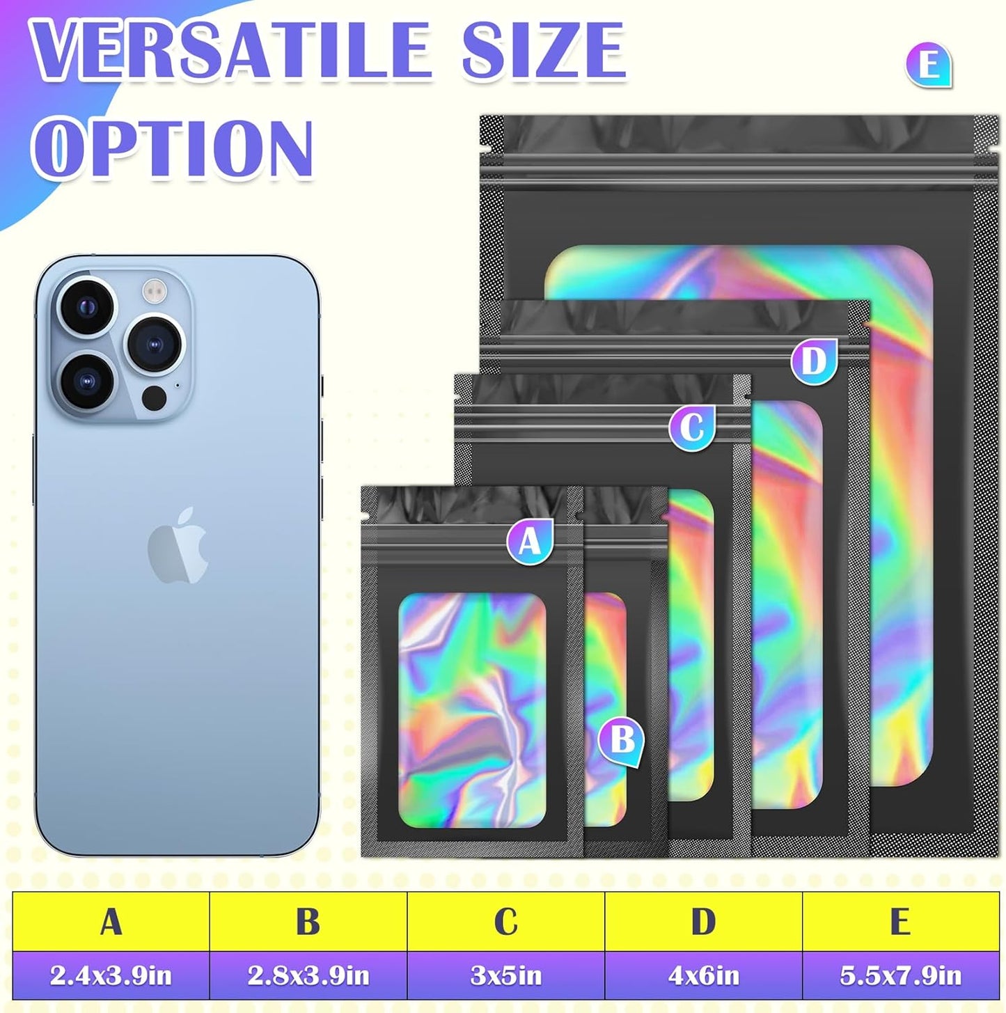 100 PCS Black Smell Proof Bag, Mylar Bags, Holographic Bags with Clear Window, Resealable Bag for Small Business, Packaging Bag for Bracelets, Jewelry, Candy, Gift (4x6in)
