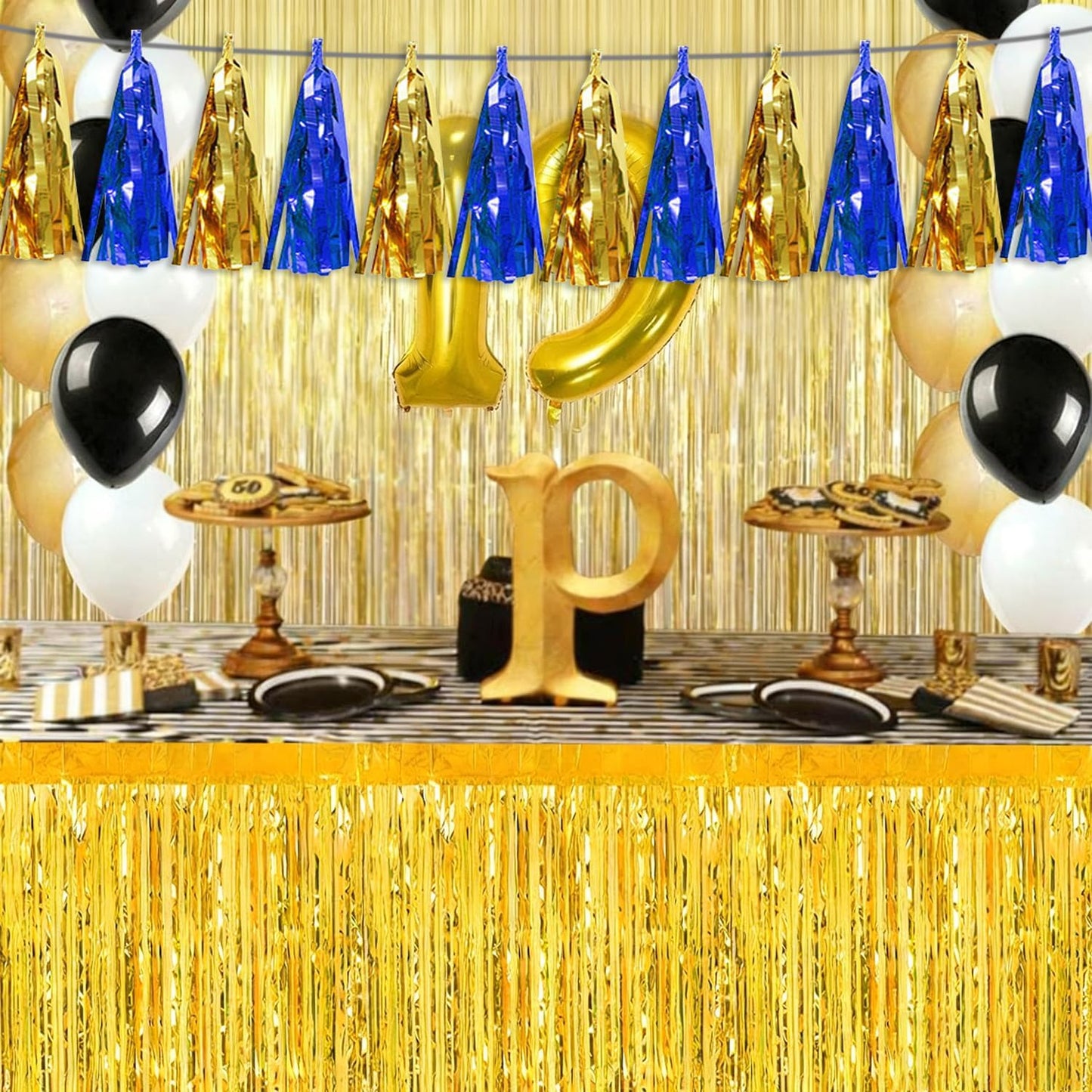 3PNavy-Blue Gold Tassel Banner Garland Metallic Foil Fringe Banner Tinsel Tassels Streamer Banner Backdrop for Parade Floats Birthday Graduation Christmas Bridal/Baby Shower Party Decorations