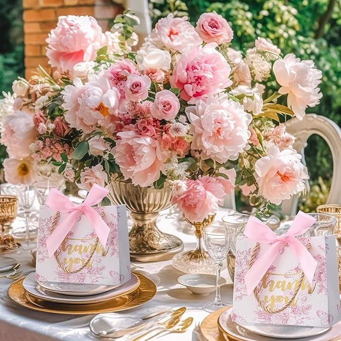 Kolldenn 40 Pcs Small Thank You Floral Gift Bags 5.5''x 2.4''x 4.7'' Pink White Paper Party Favor Bag with Handle Chinoiserie Floral Bag Bulk with Ribbon for Wedding Birthday Bridal Baby Shower