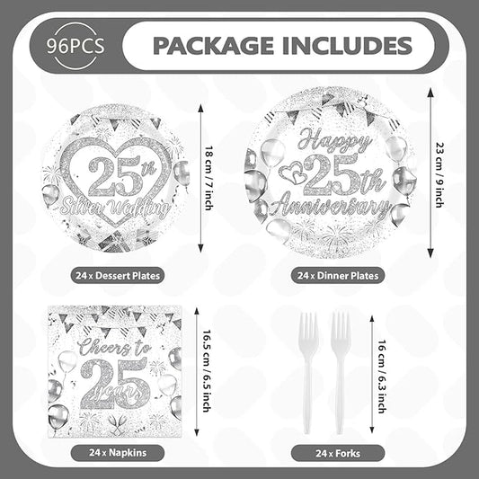 Grencian 96Pcs 25th Wedding Anniversary Decorations Cheer to 25 Years Party Plates and Napkins Silver Glitter Tableware for Couple Husband Wife Silver Wedding Anniversary Decorations Serves 24