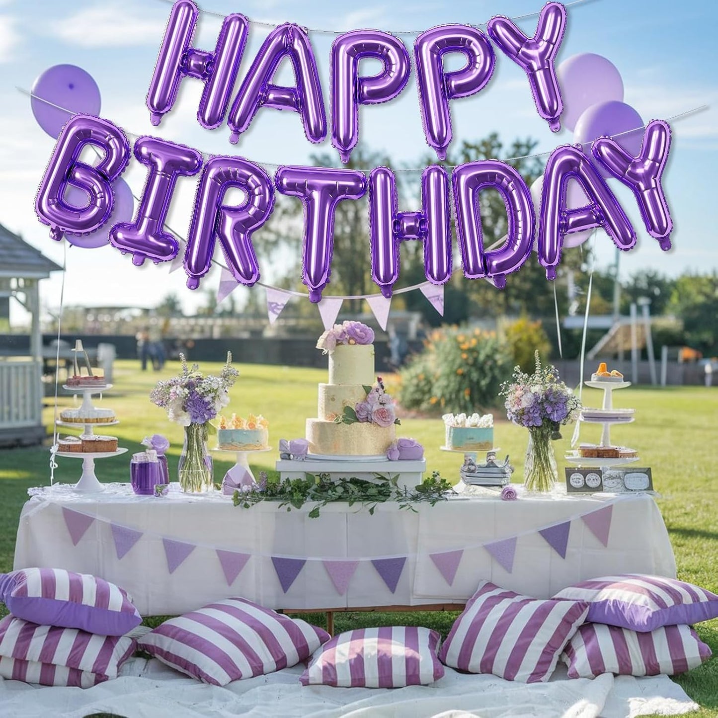 Purple Happy Birthday Balloon Banner, 16 Inch Lilac Happy Birthday Bunting Banner with Letter Foil Balloons for Girl Women Princess Galaxy Magic Witch Glam Theme Birthday Party Decorations Supplies
