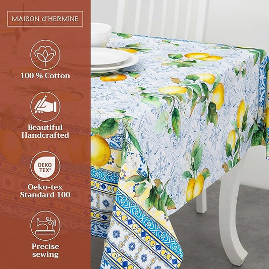 Maison d' Hermine Table Cloth Rectangle Table 100% Cotton 70 x 90 Inches Tablecloth Reusable Decorative for Dining Room Farmhouse Home Valentines Day Decorations Spring Summer - Citrus