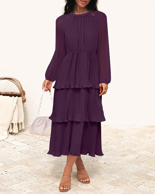 ZESICA Women's 2025 Long Sleeve Crew Neck Ruffle Tiered Layered Chiffon Flowy Swing Long Midi Dress