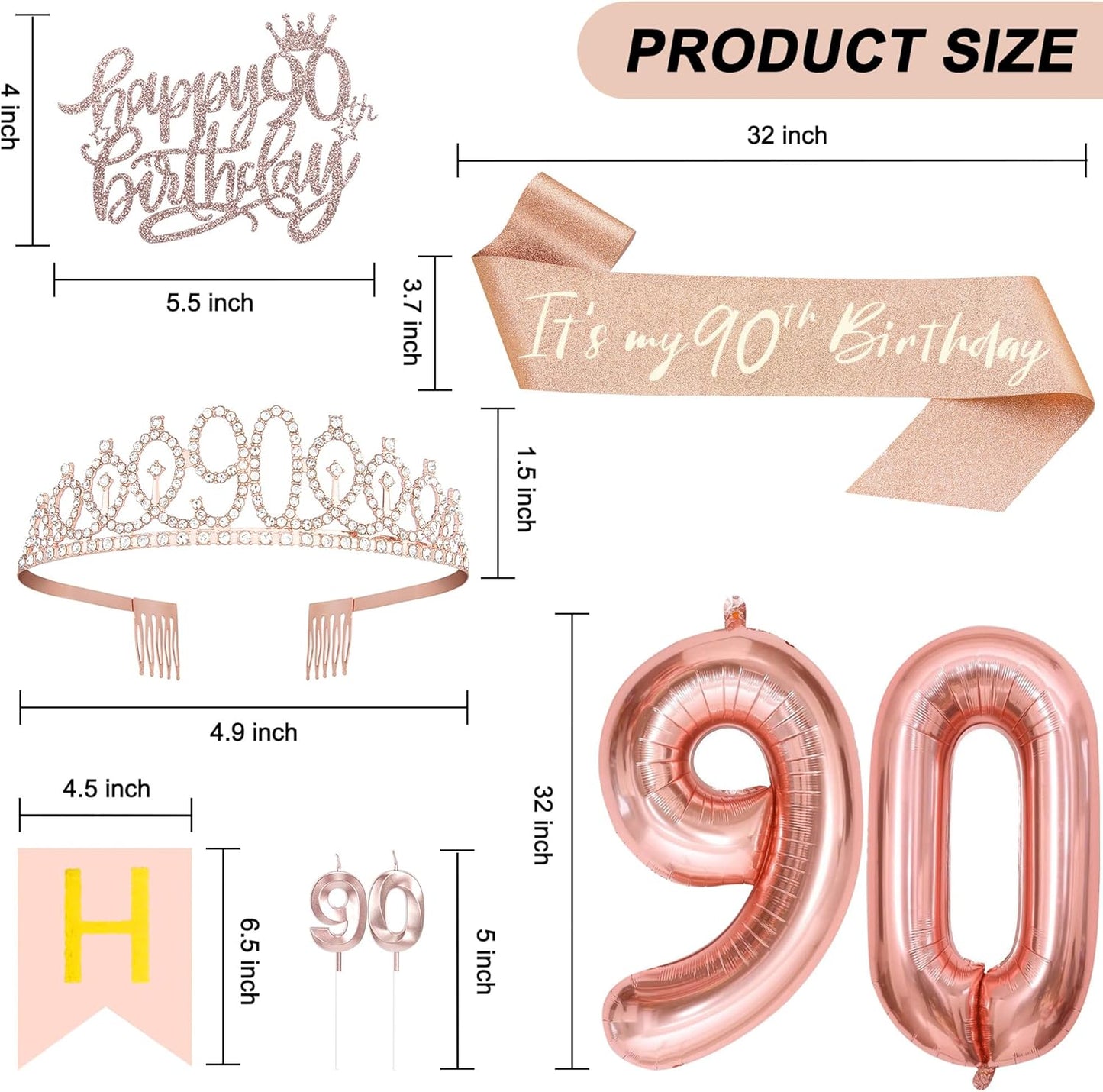 90th Birthday Decorations for Women, Including 90th Tiara and Sash, Happy Birthday Banner, Cake Toppers, Number Candles and Balloons Set, Rose Gold