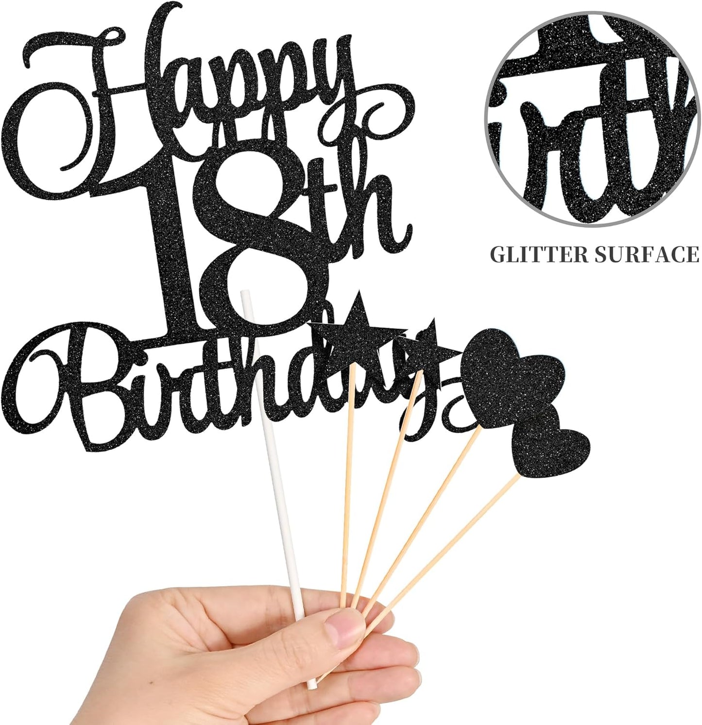 18th Birthday Cake Decorations, 18th Birthday Candles Cake Numeral Candles and Glitter Happy 18th Birthday Cake Toppers Set for Birthday Party Supplies (Black)