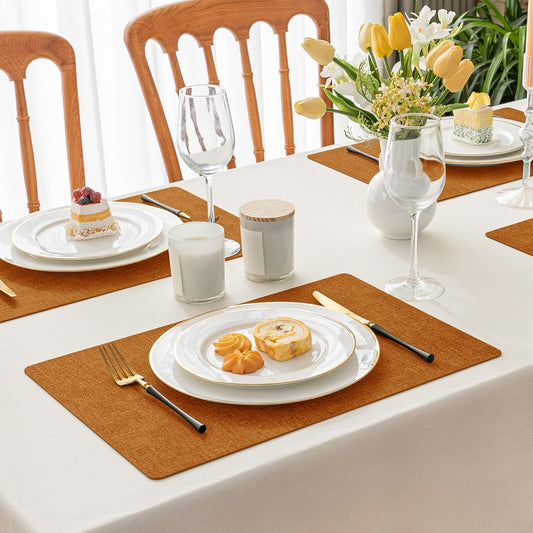 Romanstile Fall Vinyl Placemats Set of 6-12 X 18 Inch - Heat Resistant Place Mats 100% Waterproof Oilproof Wipeable Reversible Faux Leather Table Mats for Kitchen/Dining/Party/Outdoor, Orange