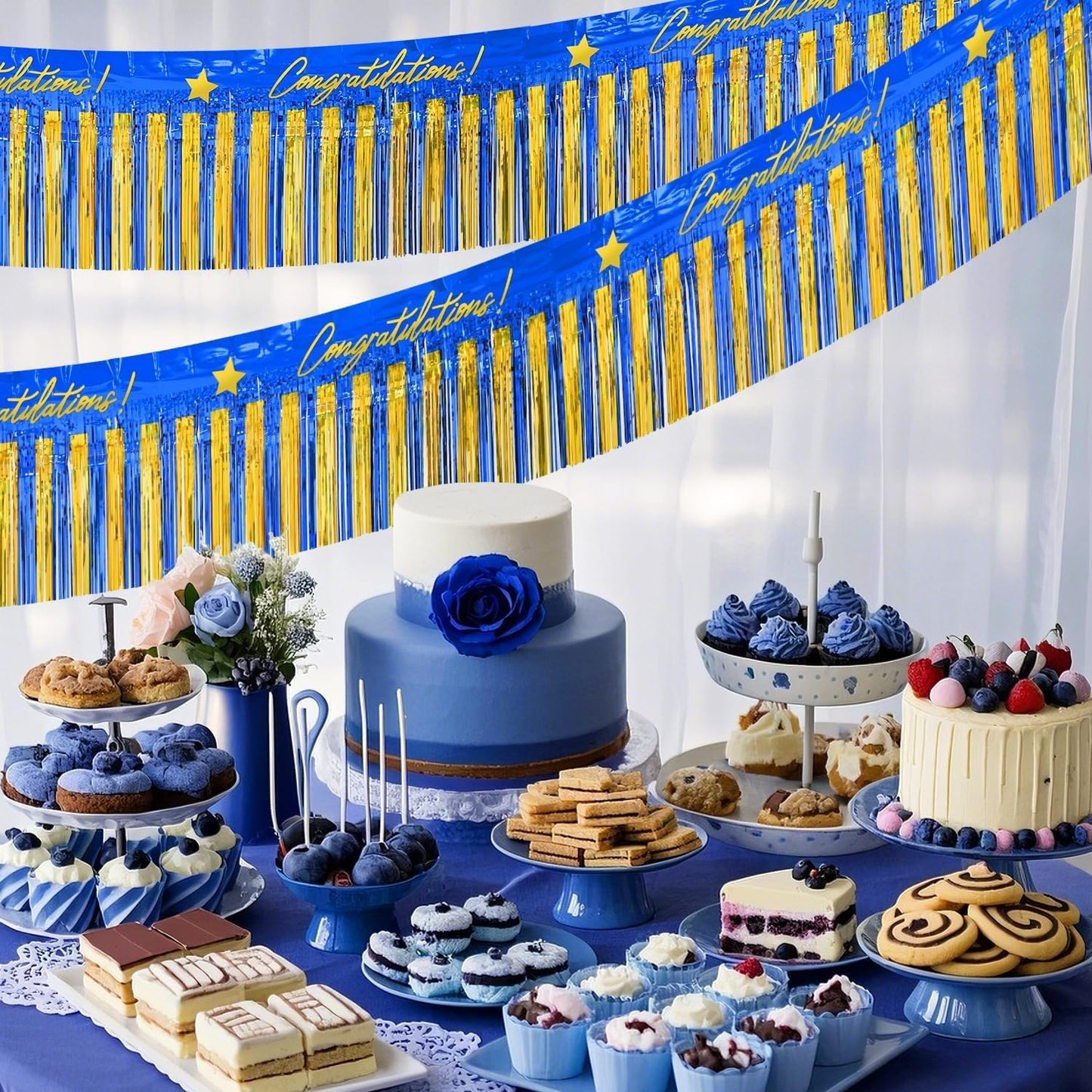 Mega-L Birthday Banners Party Decorations, Blue Gold Congratulation Foil Fringe Garland, 2Pack 39 Ft Tinsel Streamers Photo Booth Props Flag for Parade Float Car Graduation Class of 2026 Party Decor