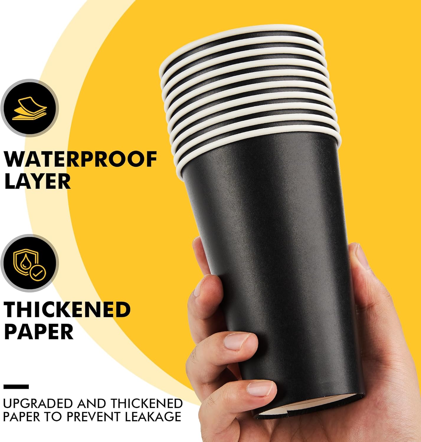 50 Pack 16 oz Coffee Cups with Lids, Black Disposable Coffee Cups with Lids, Sleeves and Stirring Sticks, Hot Paper Coffee Cup 16 oz for Hot Drinks, Parties, Picnic, Travel, and Events