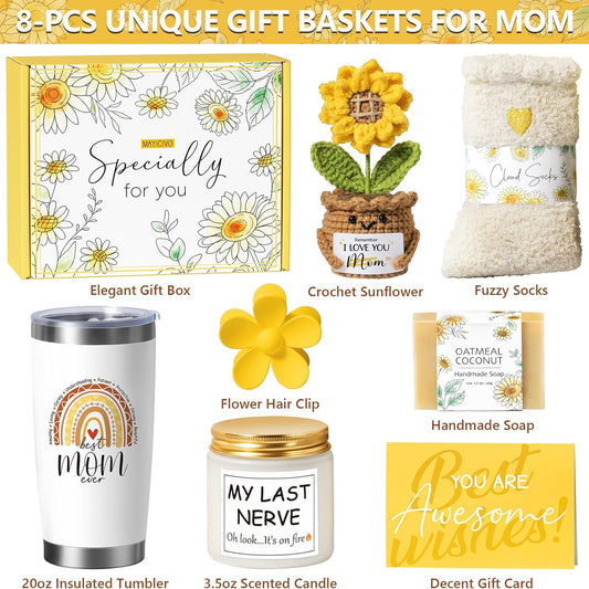 Christmas Gifts for Mom from Daughter Son Kids, Best Mom Birthday Gifts Ideas for Women Mother-in-Law Christmas Mothers Day Gift Baskets for Mother, Sunflower New Mama Gift for Wife Women from Husband