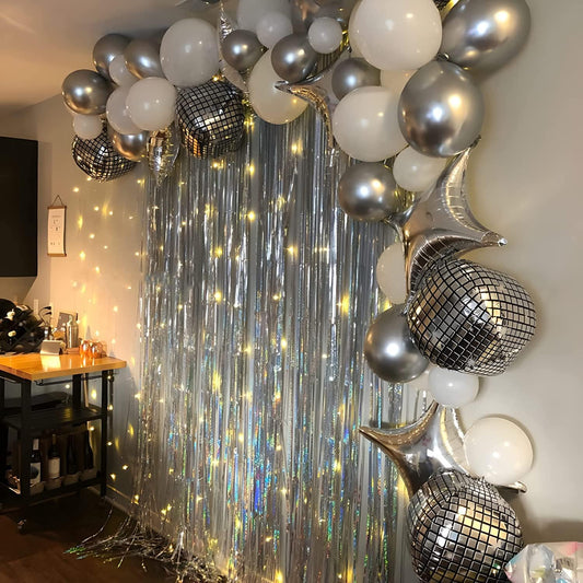Silver Foil Fringe Tinsel Backdrop - GREATRIL Metallic Tinsel Streamers Curtains for 2026 NYE/Prom/Dancing Ball/Christmas/Bachelorette Party Decorations - Pack of 2