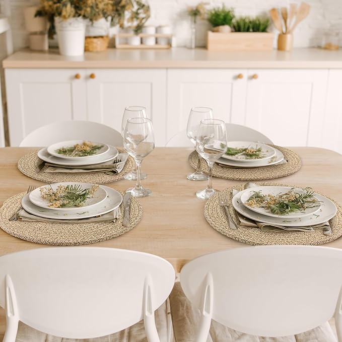 Kochorie Set of 8 Woven Cotton Round Placemats, 13 Inch Boho Table Place Mats for Kitchen and Dining Table, Farmhouse Heat Resistant Washable Trivets, Fall Thanksgiving Christmas Décor (Brown)
