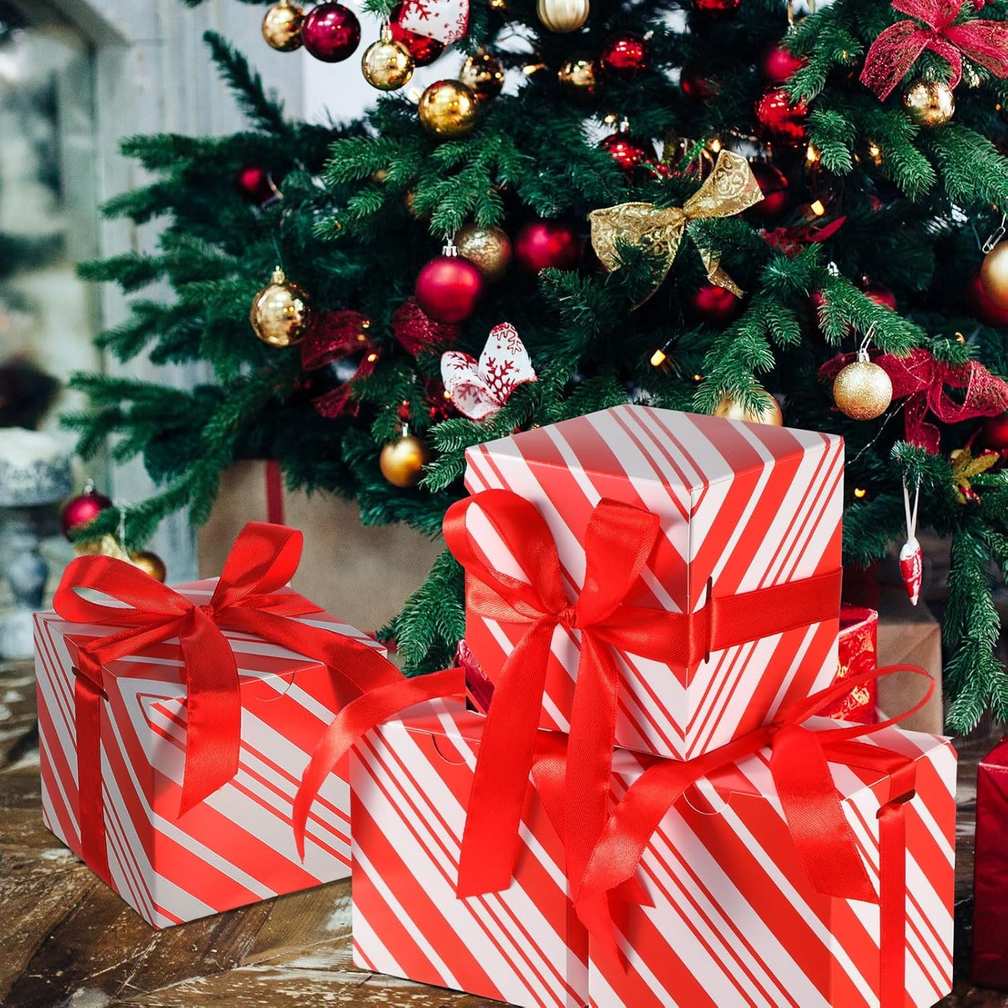 Dispowreath 48 Pcs 4x4x4 Christmas Gift Boxes with Ribbon Xmas Small Box with Lids Treat Boxes for Gift Wrapping Ornaments Wedding Holiday Birthday Party Favor(Red White Stripe)
